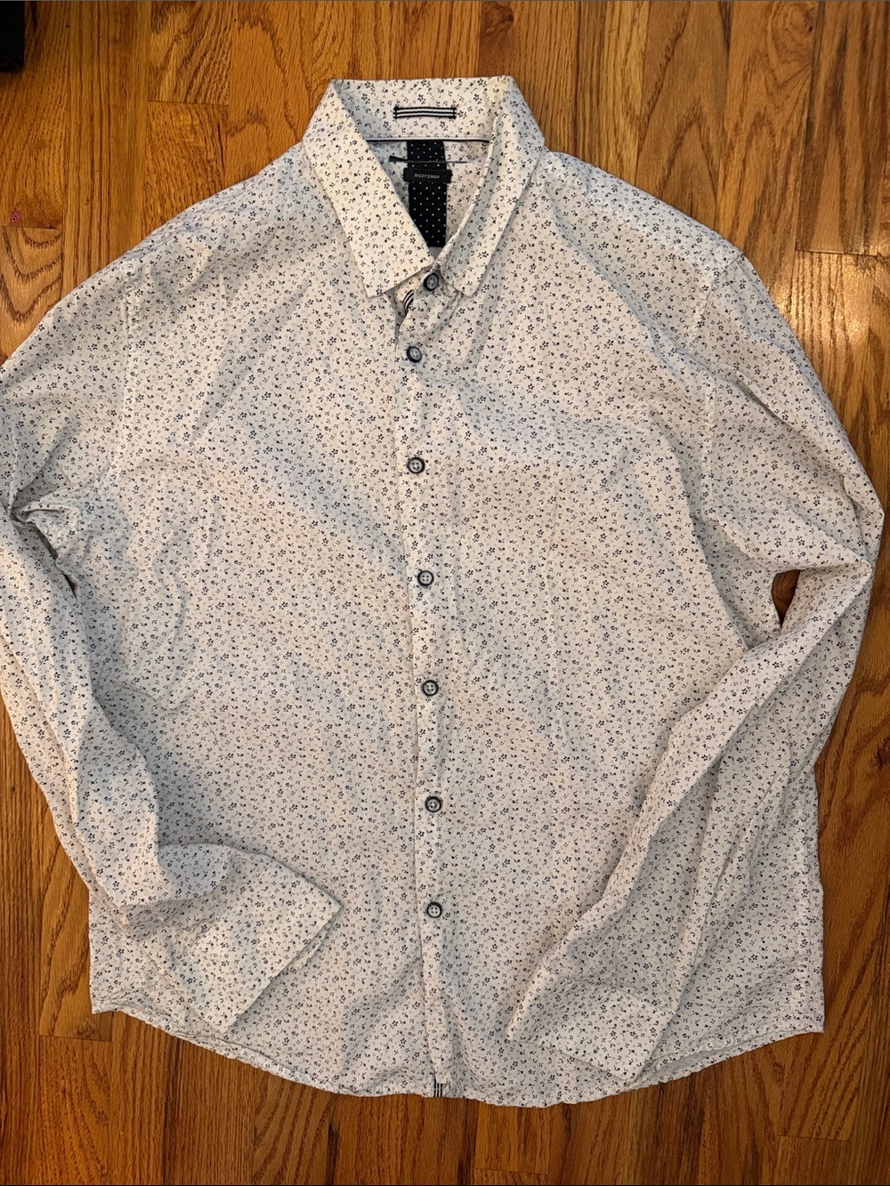 Denim & Flower Ricky Singh White Button-Up Shirt Blue Micro Floral Print Large L